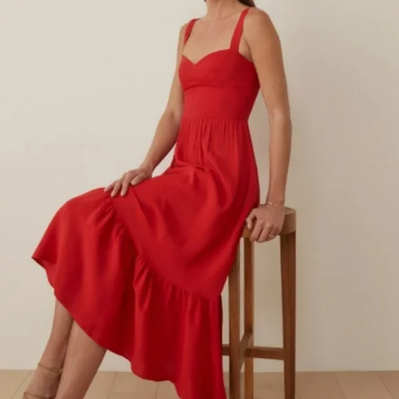 NWT Reformation Celestia dress cherry slim body fitting bodice midi 12 Red - Picture 7 of 7
